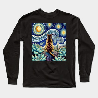 Cat design inspired by Vincent Van Gogh and Succulents Long Sleeve T-Shirt